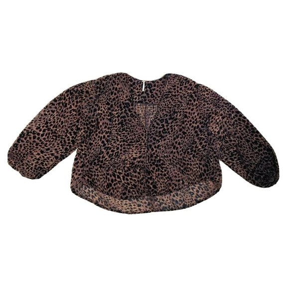 FREE PEOPLE Sheer Loose Leopard Print Blouse Top Medium Women's V Neck Boho - Picture 1 of 10